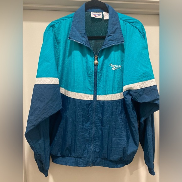 VTG Rare Retro 90s Reebok Teal & Navy Blue Color Block Windbreaker Jacket - L - Picture 7 of 16